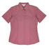 A short-sleeve button-up shirt in a burgundy hue with a fitted design and a collar. Features a logo.