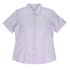 A short-sleeve button-up shirt in light purple with a fitted design and a collar, featuring a logo.