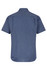 A short sleeve, button-up shirt in a blue, textured fabric, featuring a classic collar and a branded logo.