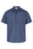 A short sleeve, button-up men's shirt in a deep blue colour with a chest pocket and a branded tag.