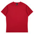 A red t-shirt with a round neckline and short sleeves. The shirt features a logo on the label.