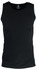 A black men's singlet with a round neckline, featuring a tag at the back and smooth fabric.