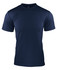 A navy blue men's t-shirt featuring short sleeves and a round neckline, with branding on the collar.