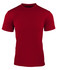 A red men's t-shirt featuring short sleeves and a smooth, fitted design. It has a logo on the front.