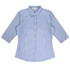A button-up shirt featuring a blue and white gingham pattern with 3/4 sleeves and a collar. It has a logo.