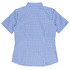A short-sleeve button-up shirt in blue and white gingham pattern with a back view. Features a collar and has a logo.