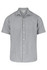 A short sleeve button-up shirt with a grey and white checkered pattern, featuring a collar and a logo.