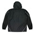 A black jacket with a hood and elastic cuffs, featuring reflective details on the sides.