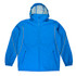 A blue jacket with a hood, featuring two side pockets and contrasting stitching. It has a logo on the front.