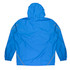 A blue jacket with a hood and elastic cuffs, featuring contrasting stitching and a logo.