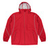 A red jacket with a hood, featuring reflective detailing and two zippered pockets. It has an attached hood.