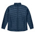 A navy blue puffer jacket featuring a high neck, zip front, and side pockets, with branding on the chest.