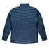A navy blue jacket with a chevron quilted pattern and a high collar. It has a logo on the sleeve.