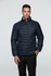 A man wearing a navy blue puffer jacket with a zip front and a stand-up collar, featuring a branding logo.