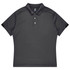A dark grey polo shirt with a collar and short sleeves, featuring a logo on the chest area.