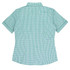 A short-sleeve button-up shirt in green and white checkered pattern, featuring a collar and a structured back.