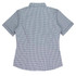 A short-sleeve, button-up shirt in a blue and white checkered pattern, featuring a standard collar and a fitted design.