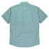 A short sleeve button-up shirt in a green check pattern, featuring a logo on the back.