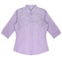 A lavender button-up shirt with three-quarter sleeves and a collar, featuring a logo.