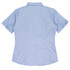A light blue short sleeve button-up shirt with a fitted design and a collar, featuring brand logos on the fabric.
