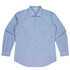 A long-sleeve button-up shirt in light blue with a chest pocket and a logo tag.