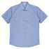 A short-sleeve button-up shirt in a light blue shade featuring a single chest pocket and a brand logo.