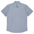 A short sleeve button-up shirt in a blue and white striped pattern, featuring a chest pocket and a collar.