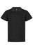 A black polo shirt with a collar and three buttons, featuring a logo.