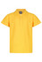 A yellow polo shirt with a collar, featuring a three-button placket and a logo on the label.
