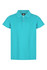 A turquoise polo shirt featuring a collar, short sleeves, and a button placket, with a logo on the label.