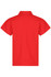 A red polo shirt with short sleeves and a collar, featuring a logo on the back.