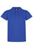 A blue polo shirt with a collar and button placket, featuring a logo on the label.