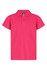 A pink polo shirt for kids featuring a collar and a button placket. The shirt has a branded logo.