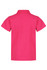 A bright pink polo shirt with a classic collar and short sleeves, featuring a logo on the back.