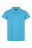 A light blue polo shirt with a collar and a logo on the label. It has short sleeves and a button front.
