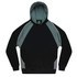 A black and grey hoodie featuring a large front pocket and a hood, with contrasting colour panels.