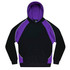 A black hoodie featuring purple accents and a kangaroo pocket. It has a hood and includes a logo.