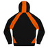 A black hoodie featuring orange accents along the shoulders and back, with a hood and long sleeves.