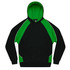 A black and green hoodie with a hood, featuring a kangaroo pocket and contrasting sleeve design.
