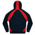 A hoodie featuring a black body with red accent panels on the sleeves and back, and a drawstring hood.