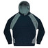 A dark navy hoodie with grey panels and a front pocket. It features a hood and contrasting stitching.