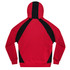A red hoodie featuring black accents on the back. It has a hood and long sleeves.