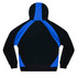A men's hoodie featuring a black body with blue panel accents and a hood, showcasing a large back view.
