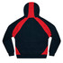 A black hoodie with red accents on the shoulders and hood, featuring a logo.