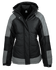 A black and grey jacket with a hood and a zip front, featuring a logo on the chest.