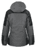 A jacket in grey with black accents, featuring a hood and a back view design. It has a logo.