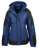 A navy blue jacket with black panels and a hood, featuring a zip closure and pockets.