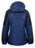 A navy and black jacket with a hood, featuring a sleek design and a logo on the back.