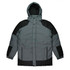 A grey and black men's jacket featuring a hood, with a button-up front and multiple design panels.