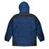 A navy blue jacket with a hood, featuring black accents on the shoulders and sides, showcasing a simple design.